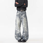 Deep Blue Denim Pants Men's Streetwear Style Flared Knife Cut Trousers  