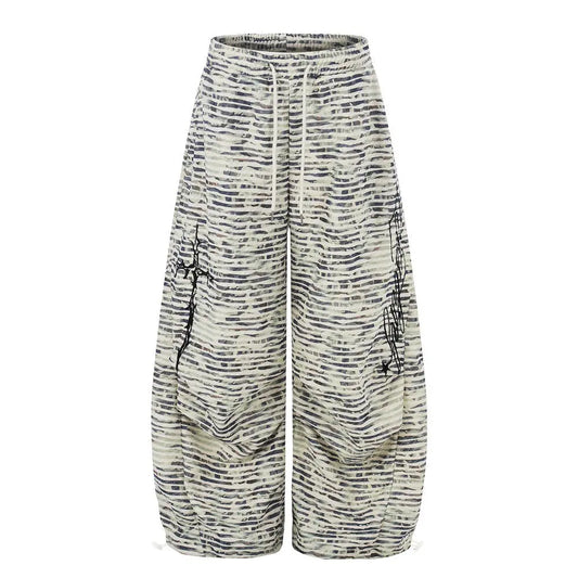 Digital printed striped wide leg curved knife pants  