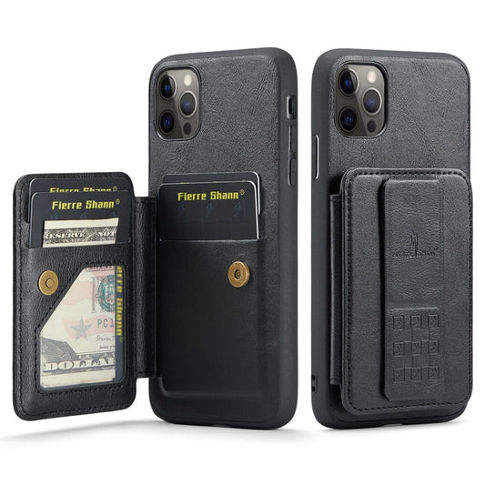 Fierre Shann Oil Wax Cow Leather Card Holder Back Phone Case, For iPhone 11 Pro  