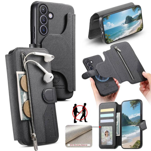 Twill Fabric MagSafe RFID Anti-theft Zipper Wallet Leather Phone Case, For Galaxy S23 FE 5G, For Galaxy S23+ 5G, For Galaxy S23 5G, For Galaxy S22+ 5G  