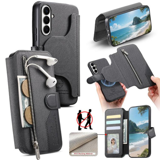 Twill Fabric MagSafe RFID Anti-theft Zipper Wallet Leather Phone Case, For Galaxy S26+ 5G, For Galaxy S26 Ultra 5G, For Galaxy S25 Edge 5G, For Galaxy S25 5G  