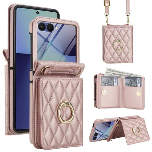 Integrated Rhombic Texture Ring RFID Card Bag Phone Case with Long Lanyard, For Galaxy Z Flip8 5G, For Samsung Galaxy Z Flip7 5G, For Samsung Galaxy Z Flip6 5G  