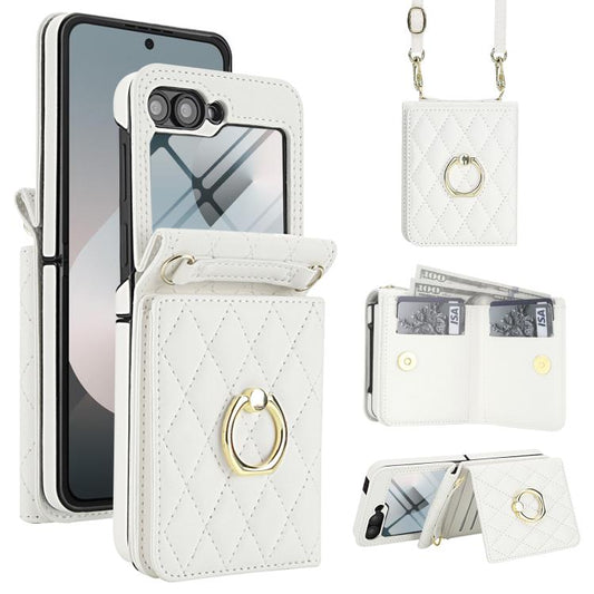 Integrated Rhombic Texture Ring RFID Card Bag Phone Case with Long Lanyard, For Samsung Galaxy Z Flip5 5G, For Samsung Galaxy Z Flip4 5G, For Samsung Galaxy Z Flip3 5G  