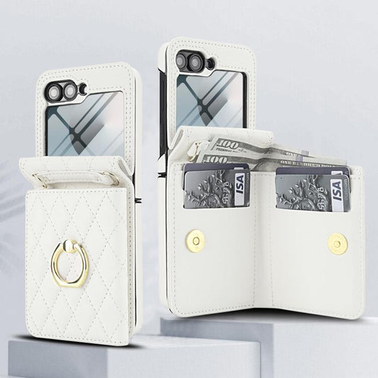 Integrated Rhombic Texture Ring RFID Card Bag Phone Case with Long Lanyard, For Samsung Galaxy Z Flip5 5G, For Samsung Galaxy Z Flip4 5G, For Samsung Galaxy Z Flip3 5G  