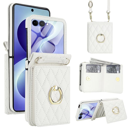 Integrated Rhombic Texture Ring RFID Card Bag Phone Case with Long Lanyard, For Galaxy Z Flip8 5G, For Samsung Galaxy Z Flip7 5G, For Samsung Galaxy Z Flip6 5G  