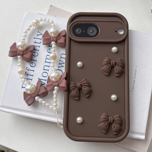 Soft Silicone 3D Bowknot Pearl Phone Case with Beaded Wrist Strap, For Google Pixel 7 5G