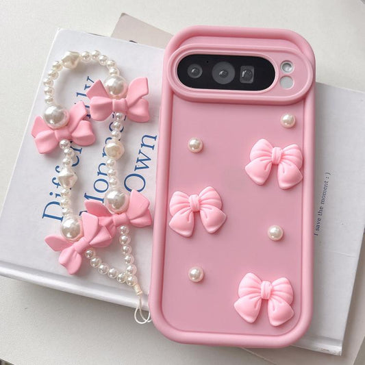 Soft Silicone 3D Bowknot Pearl Phone Case with Beaded Wrist Strap, For Google Pixel 9 Pro XL, For Google Pixel 9 Pro, For Google Pixel 9, For Google Pixel 8a, For Google Pixel 8 Pro, For Google Pixel 8, For Google Pixel 7a, For Google Pixel 7 Pro 5G