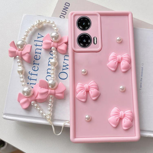 Soft Silicone 3D Bowknot Pearl Phone Case with Beaded Wrist Strap, For Motorola Moto G35, For Motorola Moto G55, For Motorola Moto G34 / G45 5G, For Motorola Edge 50, For Motorola Moto G54/G64 5G/G54 Power, For Motorola Edge 50 Neo                     ...