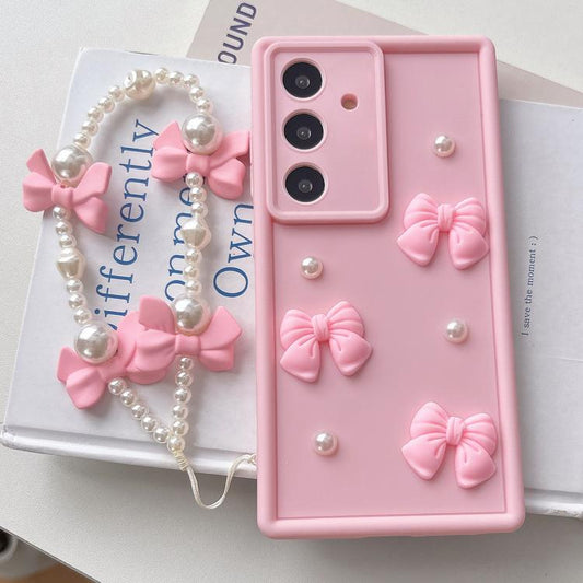 Soft Silicone 3D Bowknot Pearl Phone Case with Beaded Wrist Strap, For Samsung Galaxy A25 5G, For Samsung Galaxy A24 4G, For Samsung Galaxy A14 4G / 5G, For Samsung Galaxy A34 5G, For Samsung Galaxy A54 5G, For Samsung Galaxy A53 5G                    ...