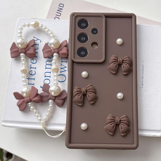 Soft Silicone 3D Bowknot Pearl Phone Case with Beaded Wrist Strap, For Samsung Galaxy A32 5G