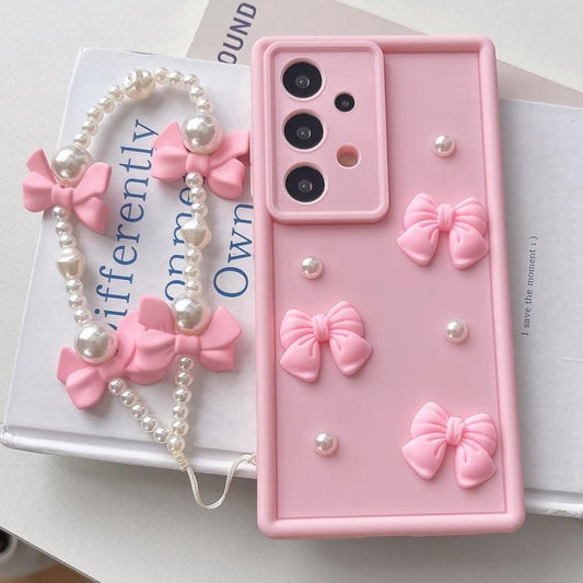 Soft Silicone 3D Bowknot Pearl Phone Case with Beaded Wrist Strap, For Samsung Galaxy A32 5G