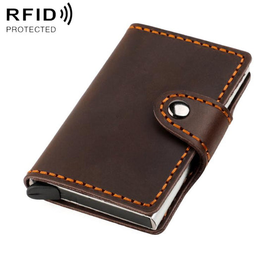 Crazy Horse Genuine Leather Auto Pop-up Aluminum Box RFID Anti-magnetic Card Holder  