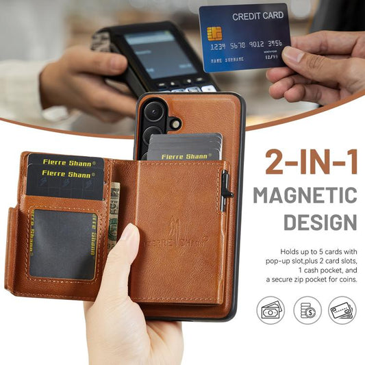 Fierre Shann Oil Wax Vegan Leather Magnetic Card Holder Back Phone Case, For Galaxy S26+ 5G, For Galaxy S26 Ultra 5G, For Galaxy S26 5G, For Galaxy S25 FE 5G  