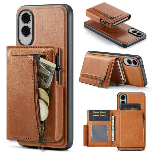 Fierre Shann Oil Wax Vegan Leather Magnetic Card Holder Back Phone Case, For Galaxy S25 Edge 5G, For Galaxy S25 5G, For Galaxy S25+ 5G, For Galaxy S25 Ultra 5G  