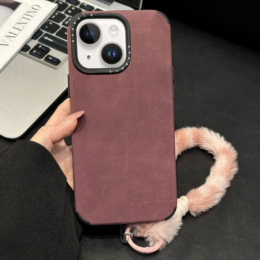 Faux Suede Fabric TPU Phone Case with Screen-printed Rabbit Plush Rope, For iPhone 15 Plus / 14 Plus, For iPhone 15, For iPhone 14, For iPhone 14 Pro  