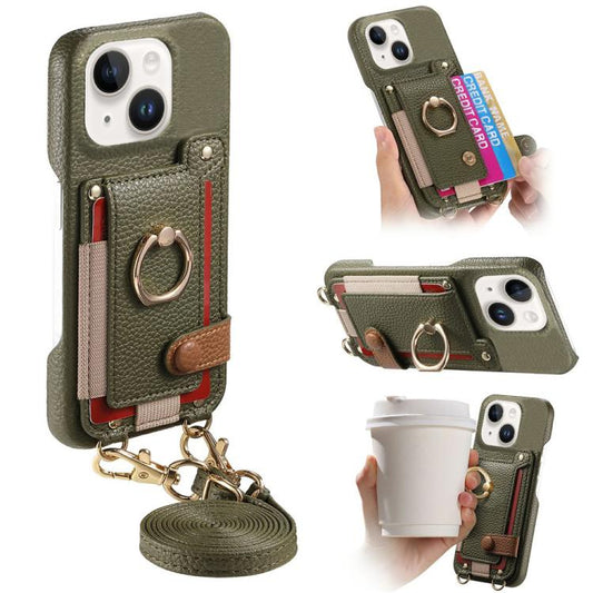 Litchi Texture Card Bag Ring Holder Vegan Leather + PC Phone Case with Shoulder Strap, For iPhone 15, For iPhone 14 Plus, For iPhone 14  