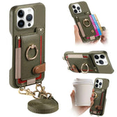 Litchi Texture Card Bag Ring Holder Vegan Leather + PC Phone Case with Shoulder Strap, For iPhone 13 Pro Max, For iPhone 13 Pro, For iPhone 13  