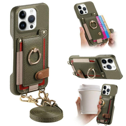 Litchi Texture Card Bag Ring Holder Vegan Leather + PC Phone Case with Shoulder Strap, For iPhone 13 Pro Max, For iPhone 13 Pro, For iPhone 13  