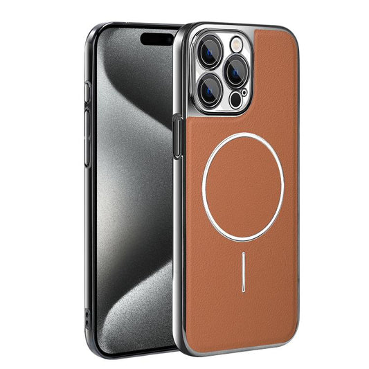 Electroplated Frame Vegan Leather Magnetic Shockproof Phone Case, For iPhone 15 Pro, For iPhone 15 Plus, For iPhone 15, For iPhone 14 Plus  