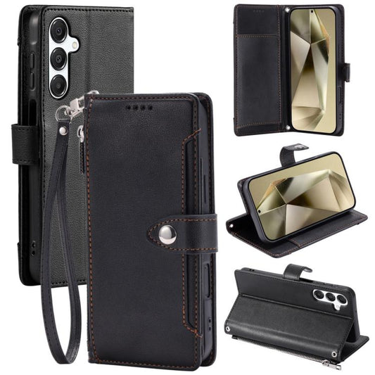 Litchi Texture Zipper Wallet Buckle Vegan Leather Phone Case with Wrist Strap, For Galaxy S25 FE 5G, For Galaxy S25 5G, For Galaxy S25+ 5G  