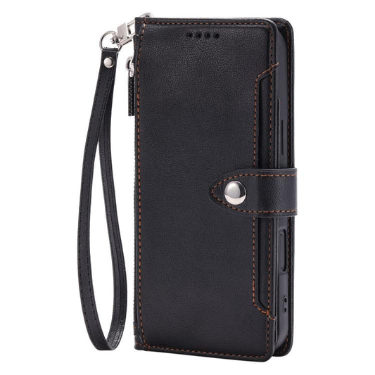 Litchi Texture Zipper Wallet Buckle Vegan Leather Phone Case with Wrist Strap, For Galaxy S22 Ultra 5G  