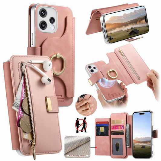 Precision Hole Silver-Edged Ring RFID Blocking Zipper Wallet Magnetic Vegan Leather Phone Case, For OPPO Reno15 Global / 15 C 5G, For OPPO Reno15 Pro Global, For OPPO A6 5G Global