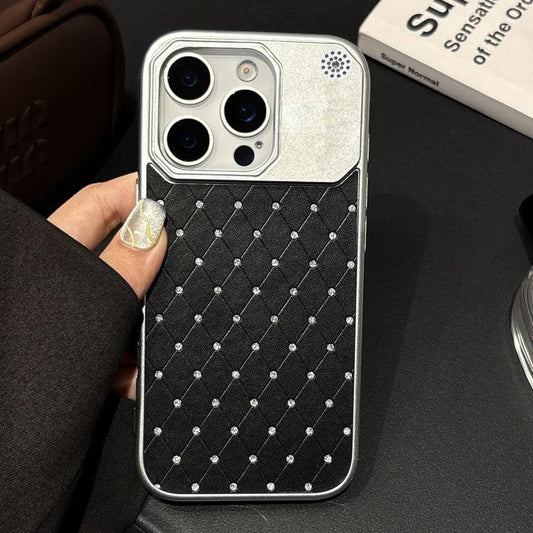 Electroplating PC Grid Texture Vegan Leather Phone Case, For iPhone 14 Pro, For iPhone 14 Pro Max  