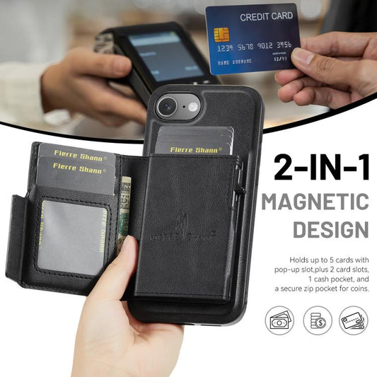 Fierre Shann Oil Wax Vegan Leather Magnetic Card Holder Back Phone Case, For iPhone 17e / 16e, For iPhone 17 Pro Max, For iPhone 17 Pro, For iPhone 17  