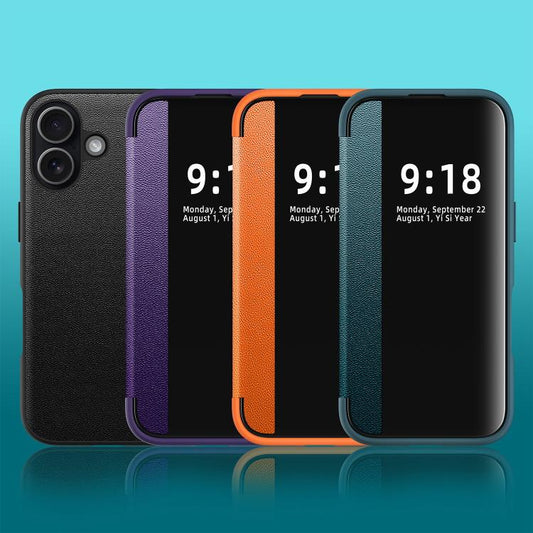 Side Large Window Plain Vegan Leather Phone Case, For iPhone 16  