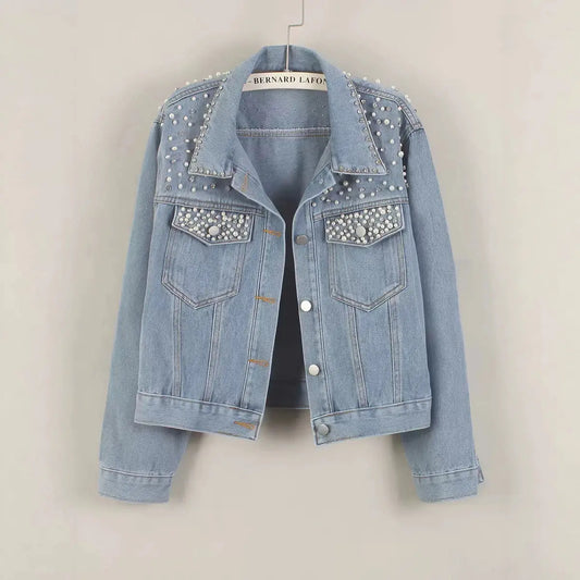 Fashion nail bead short denim jacket women's pearl diamond plus size jacket top  