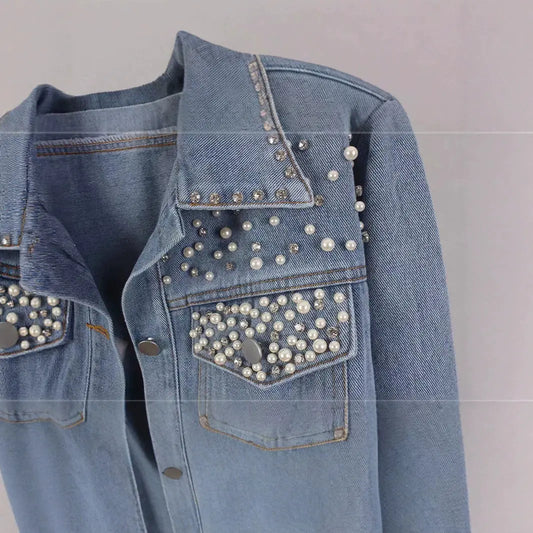 Fashion nail bead short denim jacket women's pearl diamond plus size jacket top  