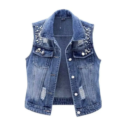 Fashionable Washed Denim Vest for Women with Distressed Patches and Beaded Details, Sleeveless Jacket Versatile Outerwear  