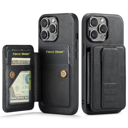 Fierre Shann Oil Wax Cow Leather Card Holder Back Phone Case, For iPhone 14 Pro Max, For iPhone 13 Pro Max, For iPhone 13 Pro, For iPhone 13  