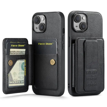 Fierre Shann Oil Wax Cow Leather Card Holder Back Phone Case, For iPhone 15, For iPhone 14 Plus, For iPhone 14, For iPhone 14 Pro  