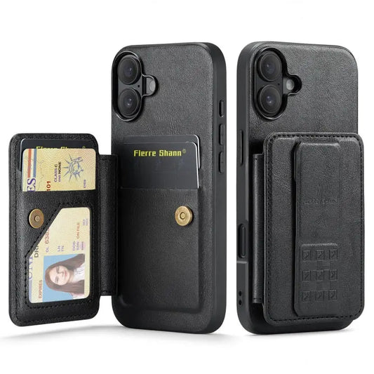 Fierre Shann Oil Wax Cow Leather Card Holder Back Phone Case, For iPhone 16, For iPhone 15 Pro Max, For iPhone 15 Pro, For iPhone 15 Plus  