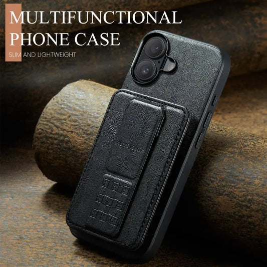 Fierre Shann Oil Wax Cow Leather Card Holder Back Phone Case, For iPhone 16, For iPhone 15 Pro Max, For iPhone 15 Pro, For iPhone 15 Plus  