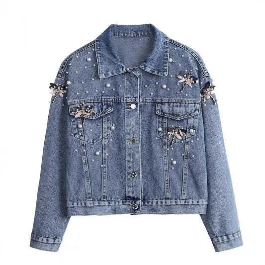 Five Dragonflies Beaded Loose Fit Long Sleeve Denim Jacket for Women  