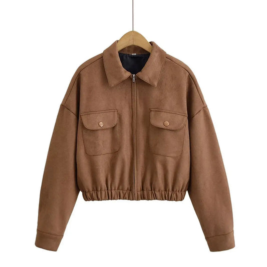 Flip collar pocket hem loose suede Women jacket  