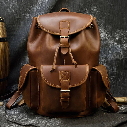 Men's Women's  Crazy Horse Leather Backpacks Vintage Genuine Leather Laptop Men Women Unisex Bapacks Cow Leather School Bag  