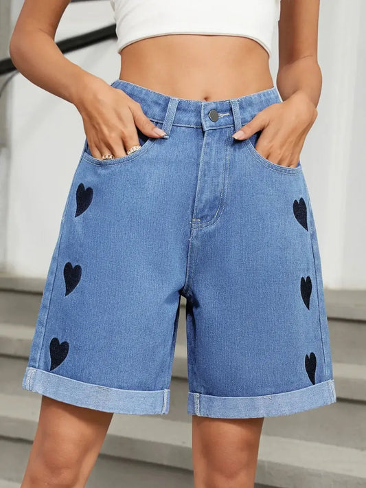 Heart-Pattern Rolled Hem Denim Shorts  