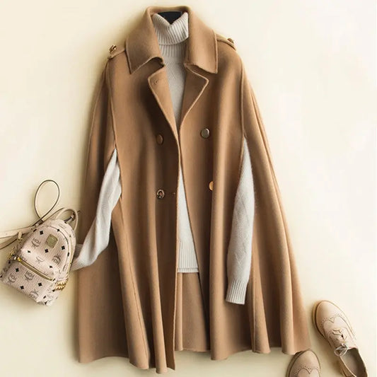 Hepburn Style Reversible Cashmere Coat Women's Mid-length British Classic Style Cape Woolen Coat  