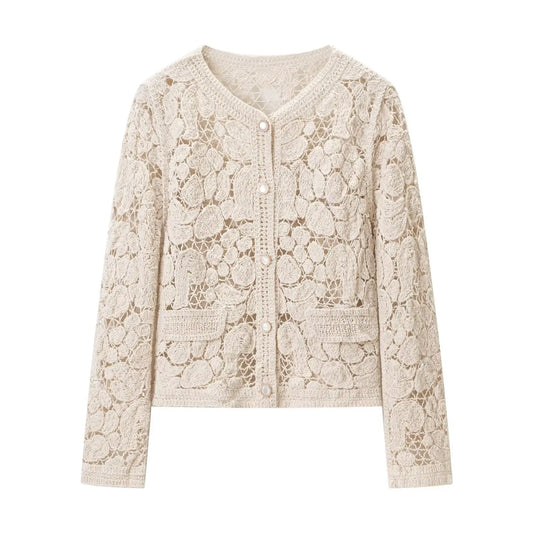 Hollow hook flower short knitted cardigan jacket  