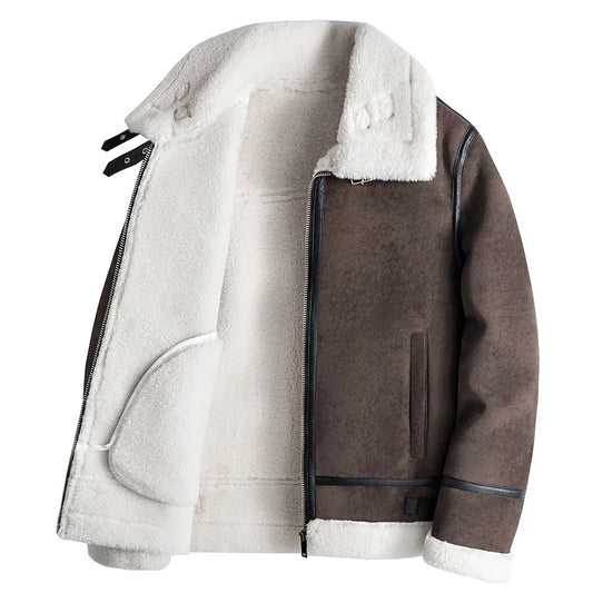 Hunting outfit fur integrated men's short motorcycle lapel flight suit handsome PU leather jacket leather jacket jacket trendy  