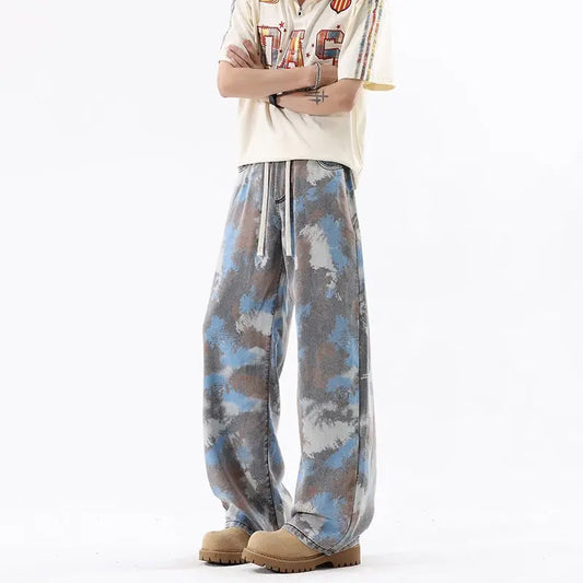 INS Streetwear Loose Patterned Lyocell Ice Silk Jeans  