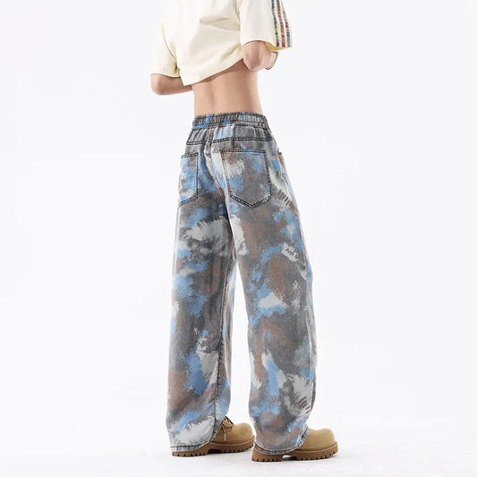INS Streetwear Loose Patterned Lyocell Ice Silk Jeans  