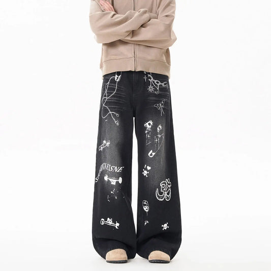 INS Vintage Graffiti Denim Pants  