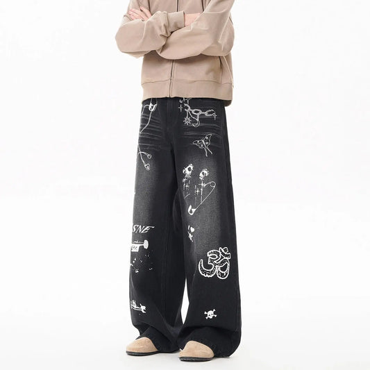INS Vintage Graffiti Denim Pants  
