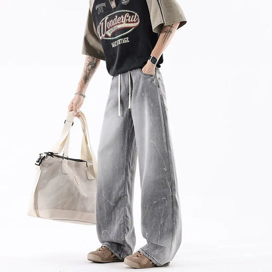 Ice Silk Denim Pants Men Retro Loose Basic Versatile Drape Wide Leg Long Pants  