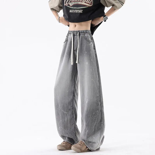 Ice Silk Denim Pants Men Retro Loose Basic Versatile Drape Wide Leg Long Pants  