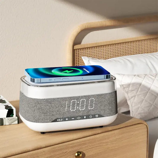 Intelligent Multifunctional Alarm Clock Bluetooth Speaker Wireless Charger Fast Charge Clock Atmosphere Night Light Home Decor  